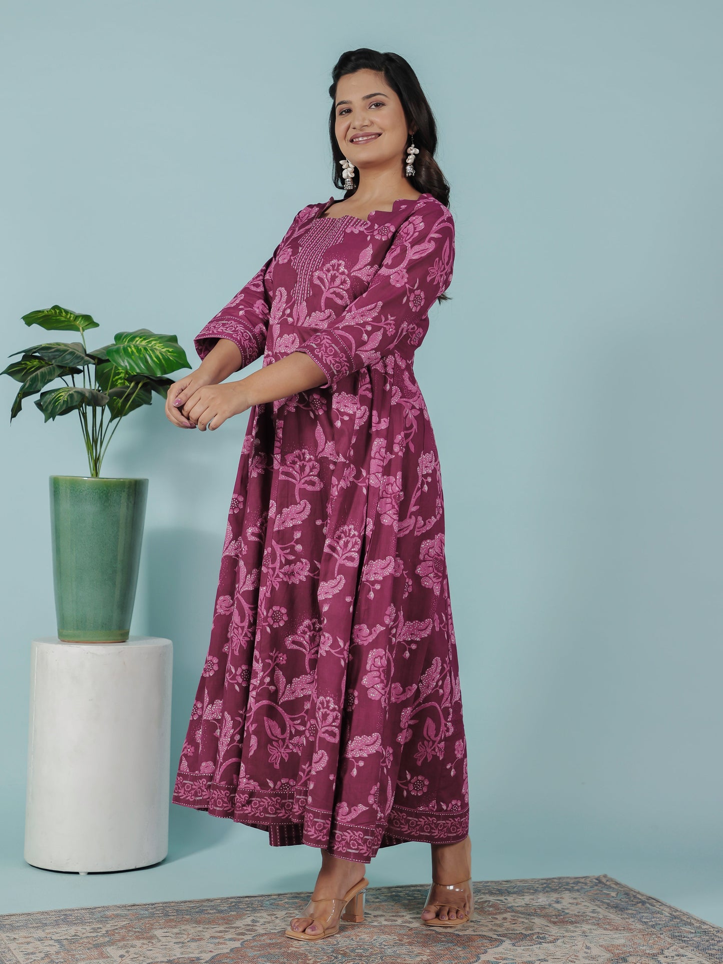 Embroidered Soft Cotton Floral Flared Purple Kurta