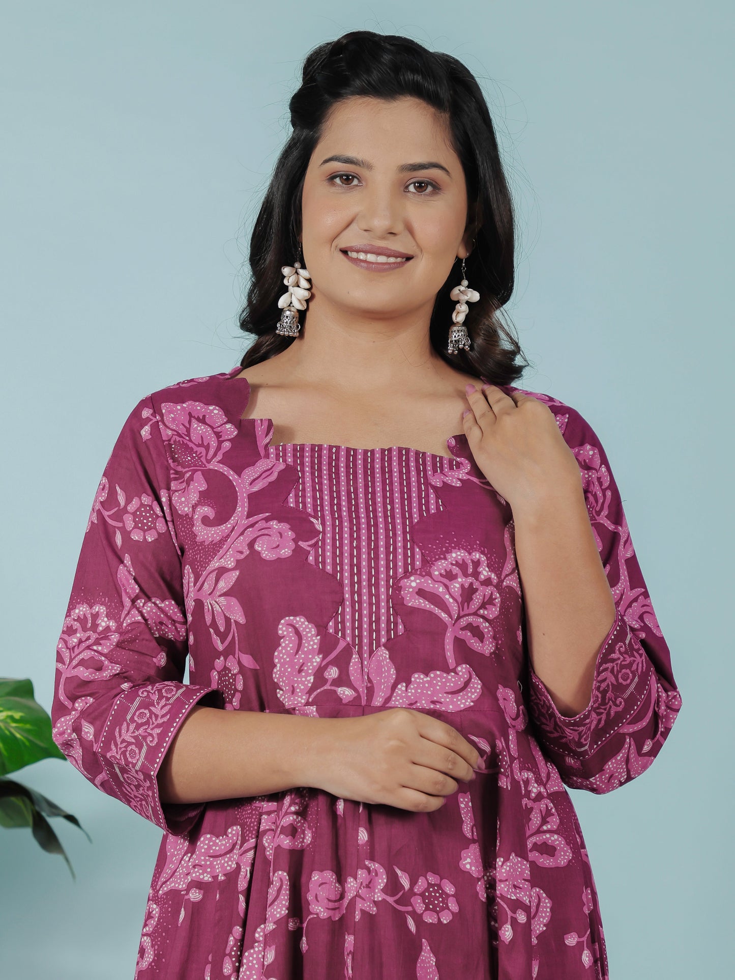 Embroidered Soft Cotton Floral Flared Purple Kurta
