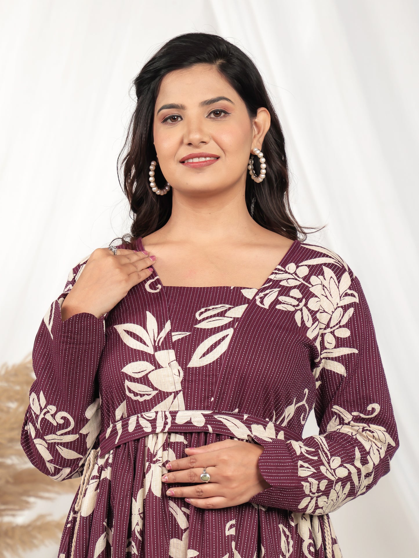 Embroidered Kantha Cotton Floral Anarkali Purple Fashion