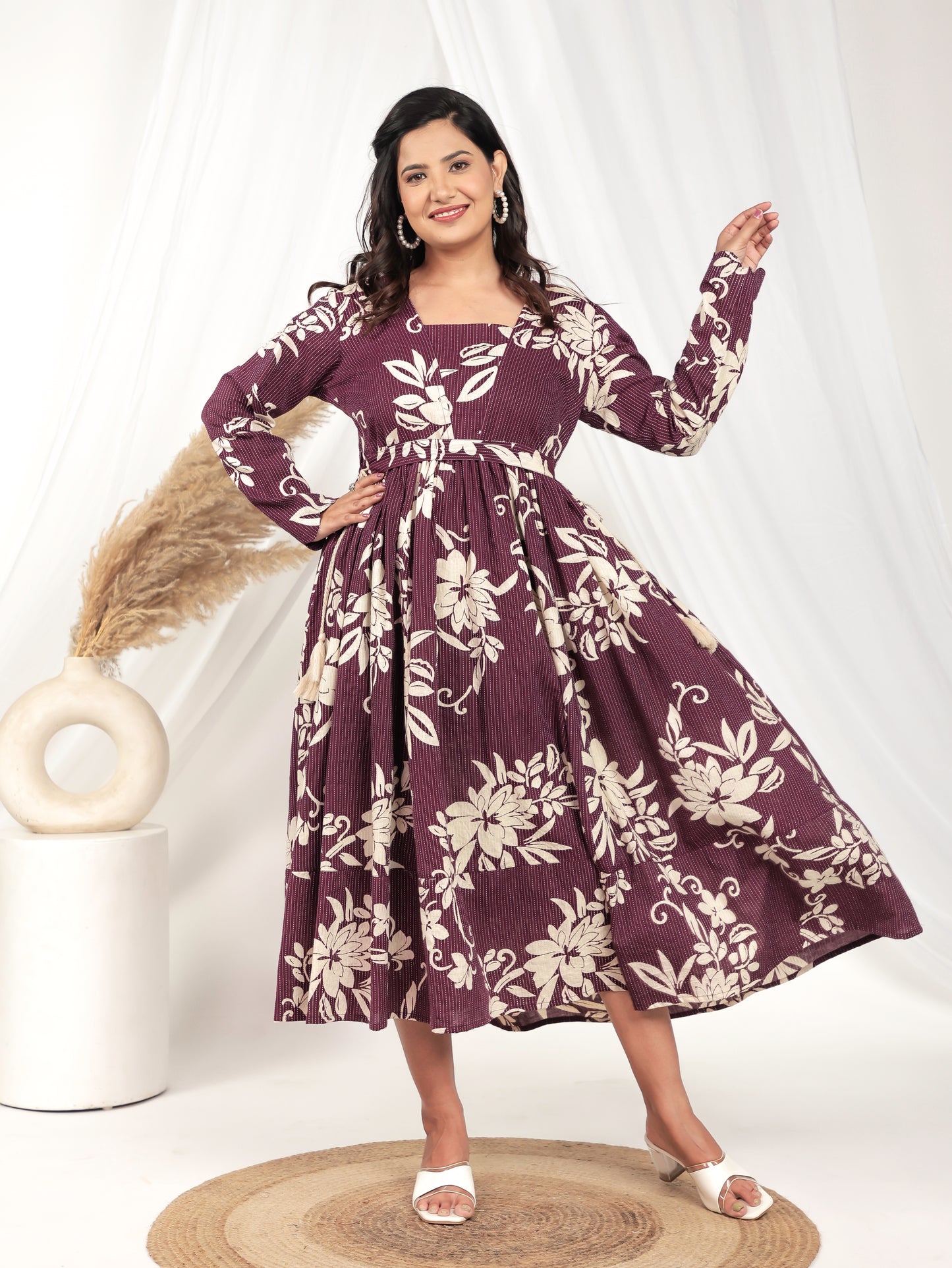 Embroidered Kantha Cotton Floral Anarkali Purple Fashion