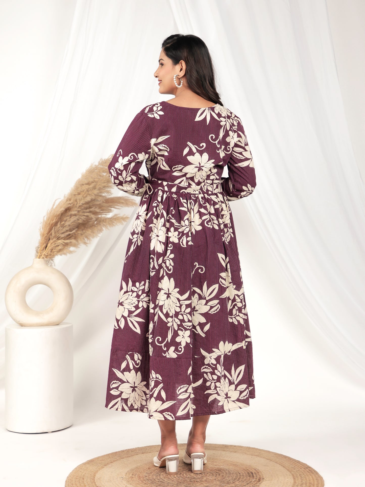 Embroidered Kantha Cotton Floral Anarkali Purple Fashion