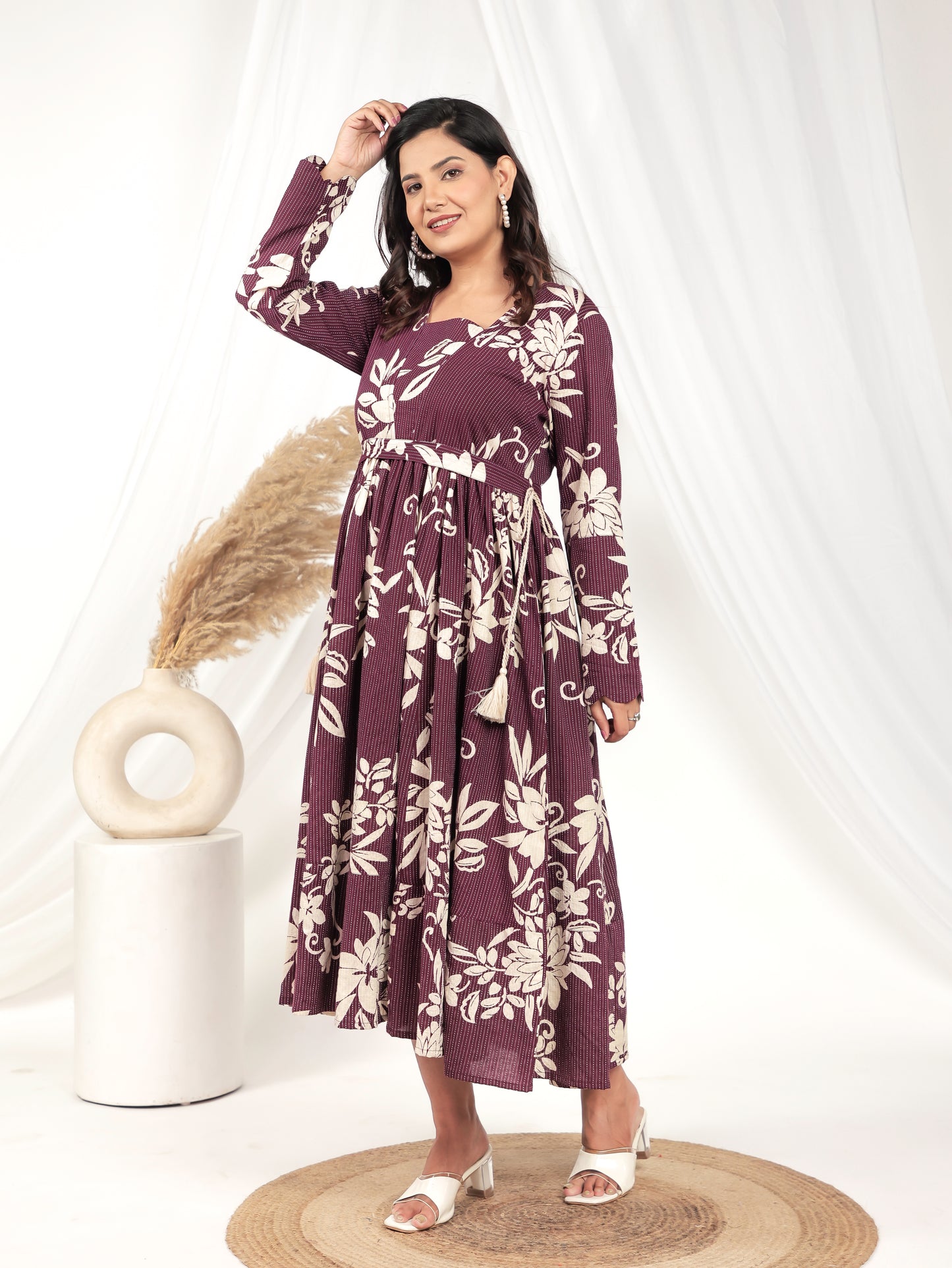 Embroidered Kantha Cotton Floral Anarkali Purple Fashion