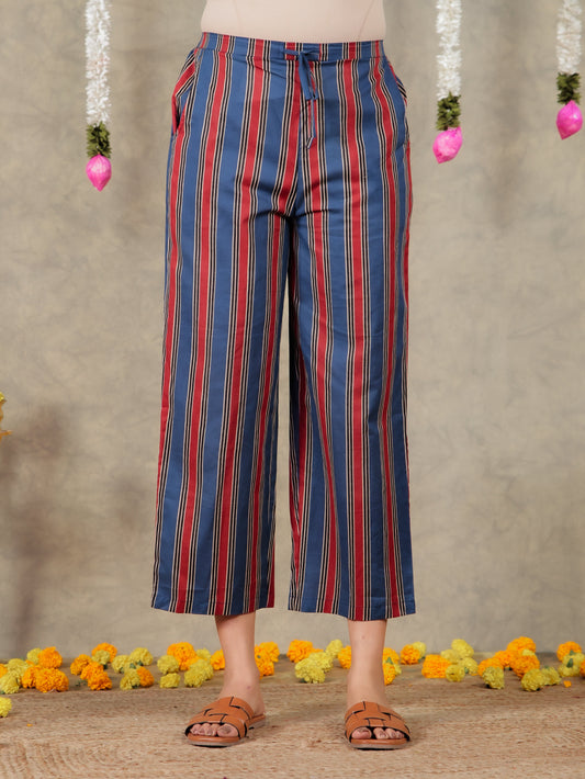 Soft Cotton Striped Blue Straight Trousers
