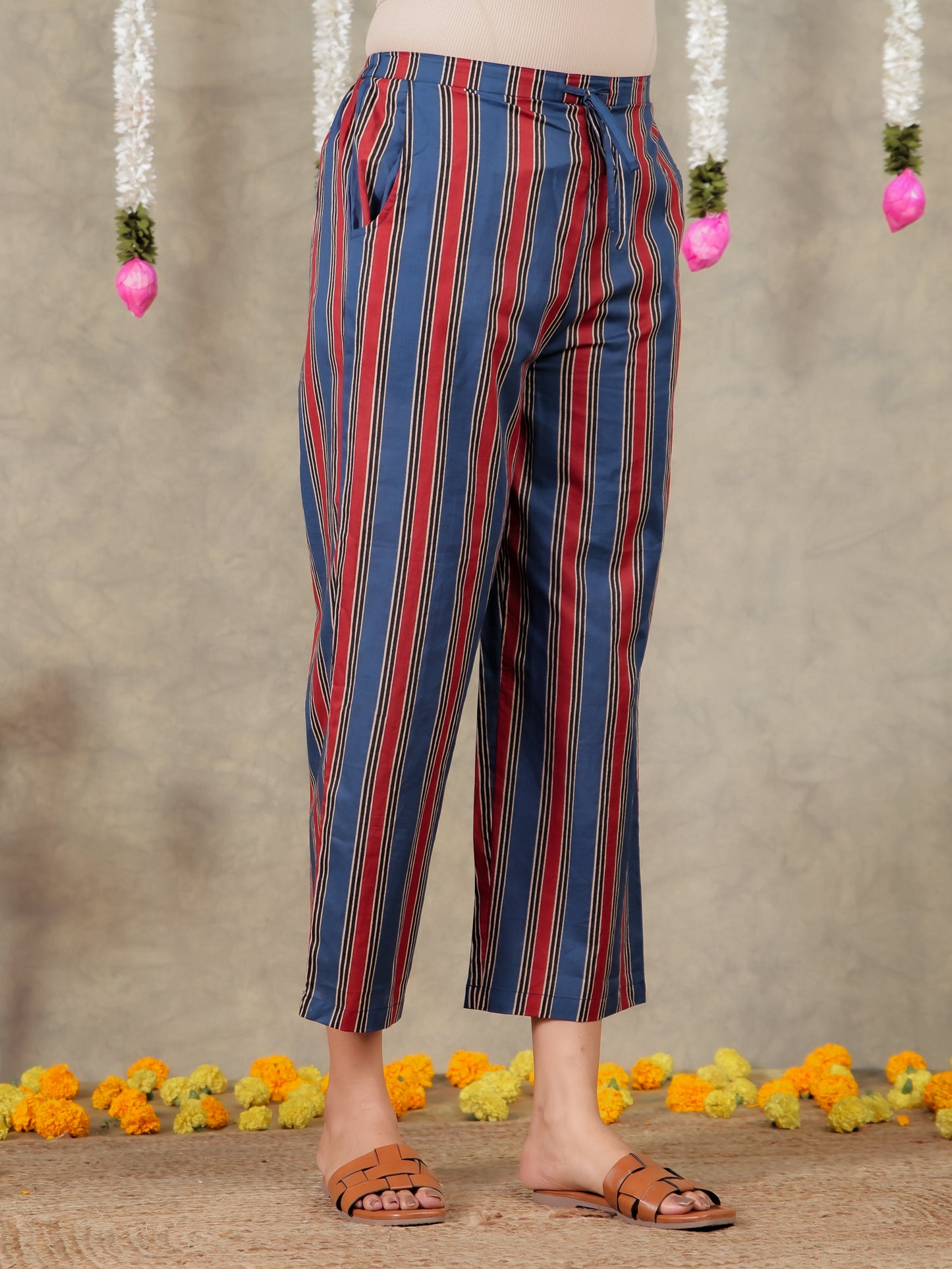 Soft Cotton Striped Blue Straight Trousers