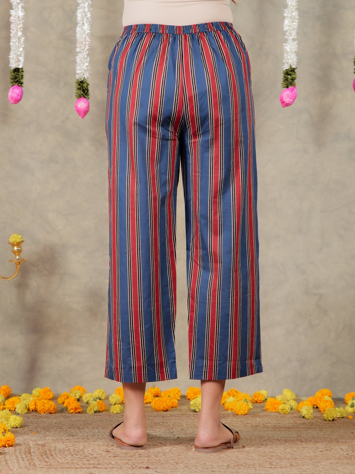 Soft Cotton Striped Blue Straight Trousers
