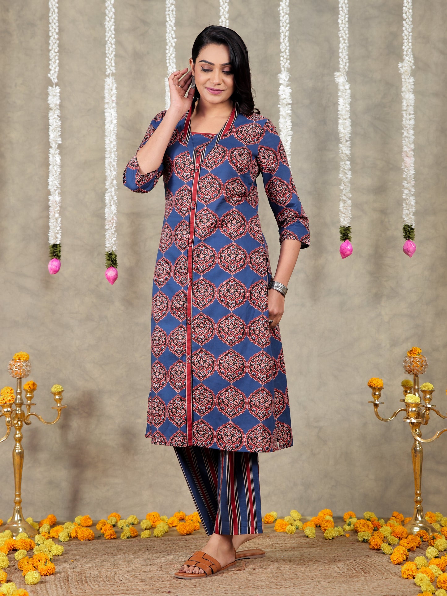 Soft Cotton Geometric A-line Blue Kurta