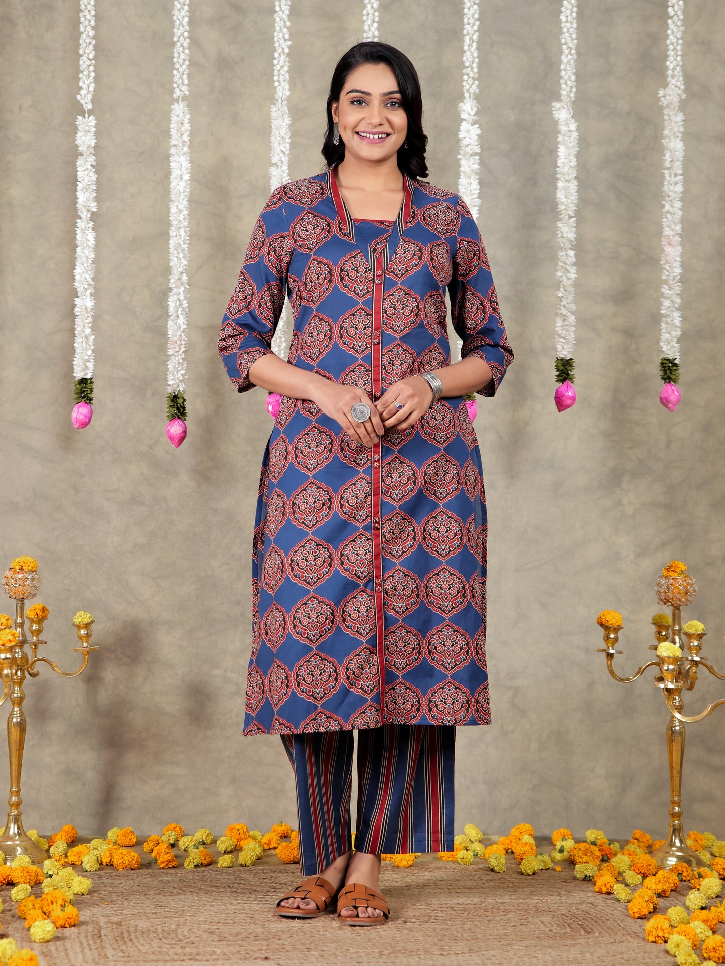 Soft Cotton Geometric A-line Blue Kurta