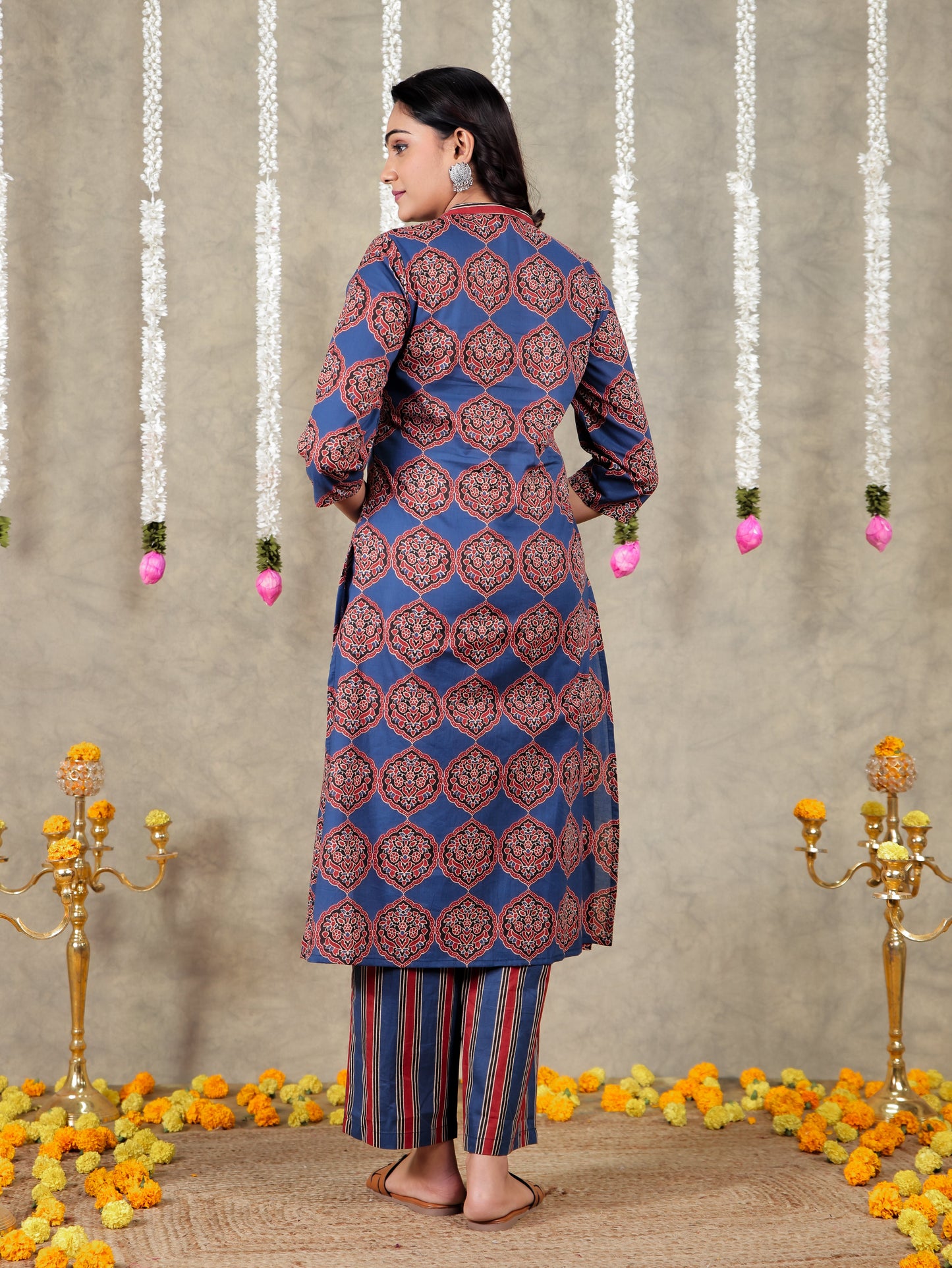 Soft Cotton Geometric A-line Blue Kurta