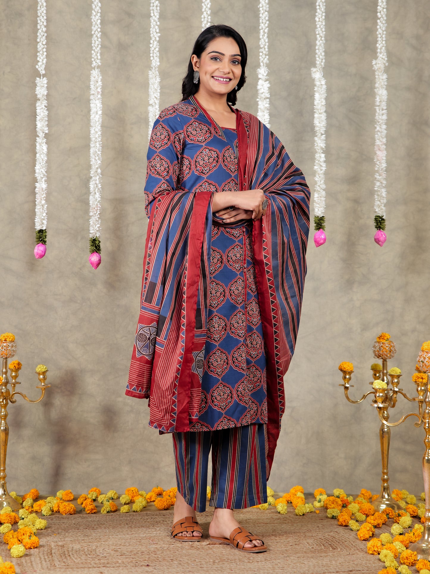Soft Cotton Geometric A-line Blue Kurta