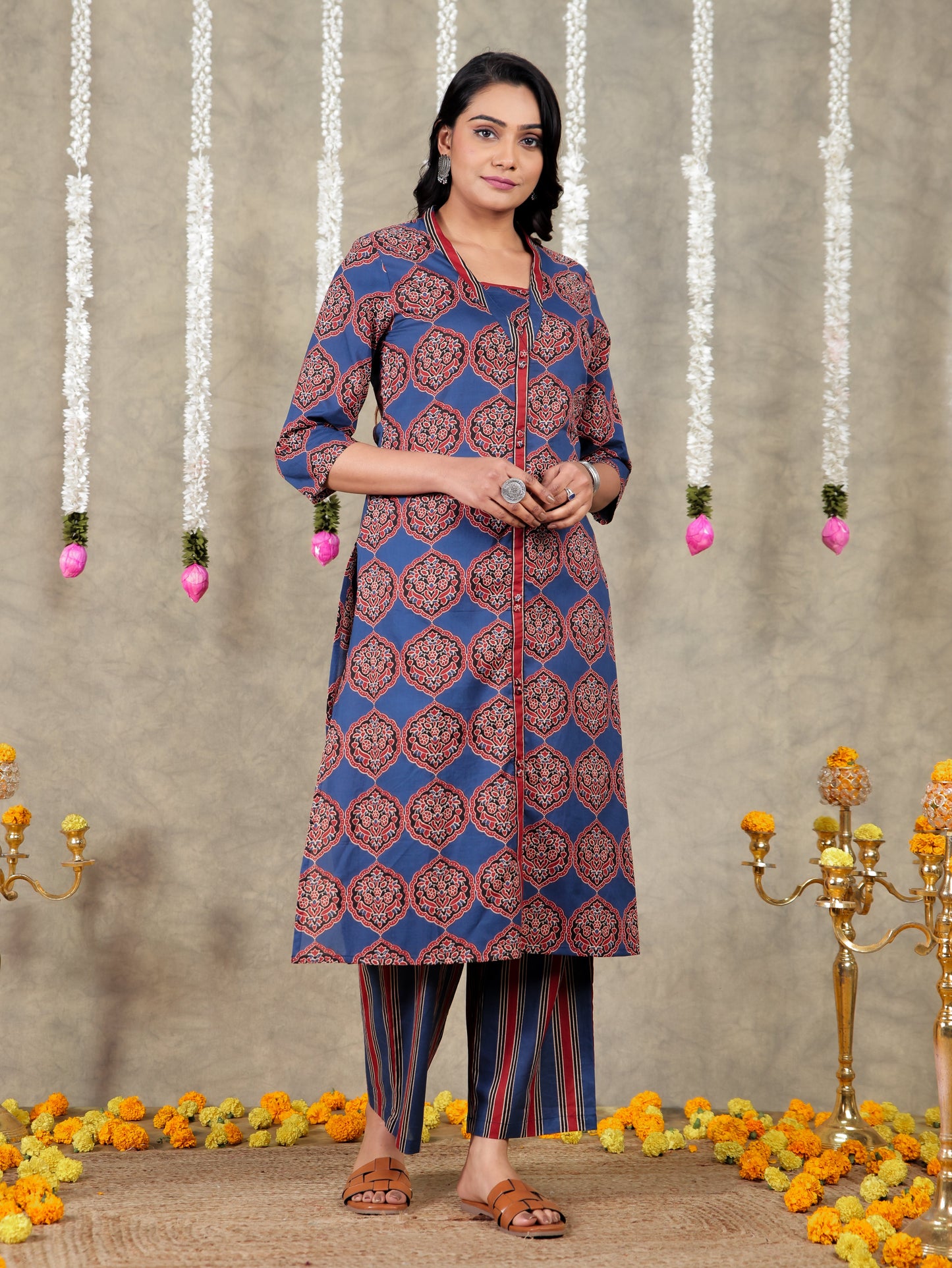 Soft Cotton Geometric A-line Blue Kurta