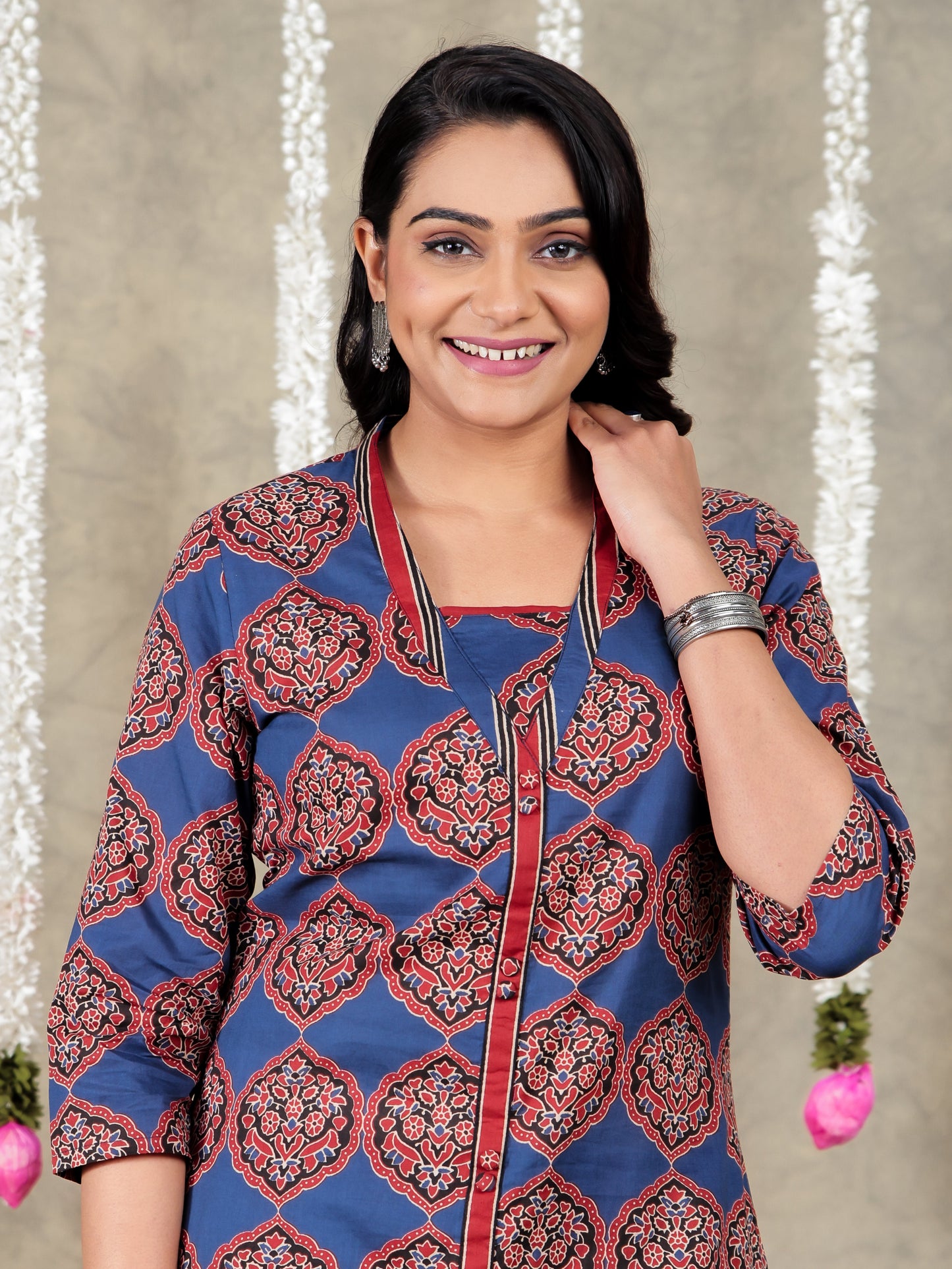 Soft Cotton Geometric A-line Blue Kurta