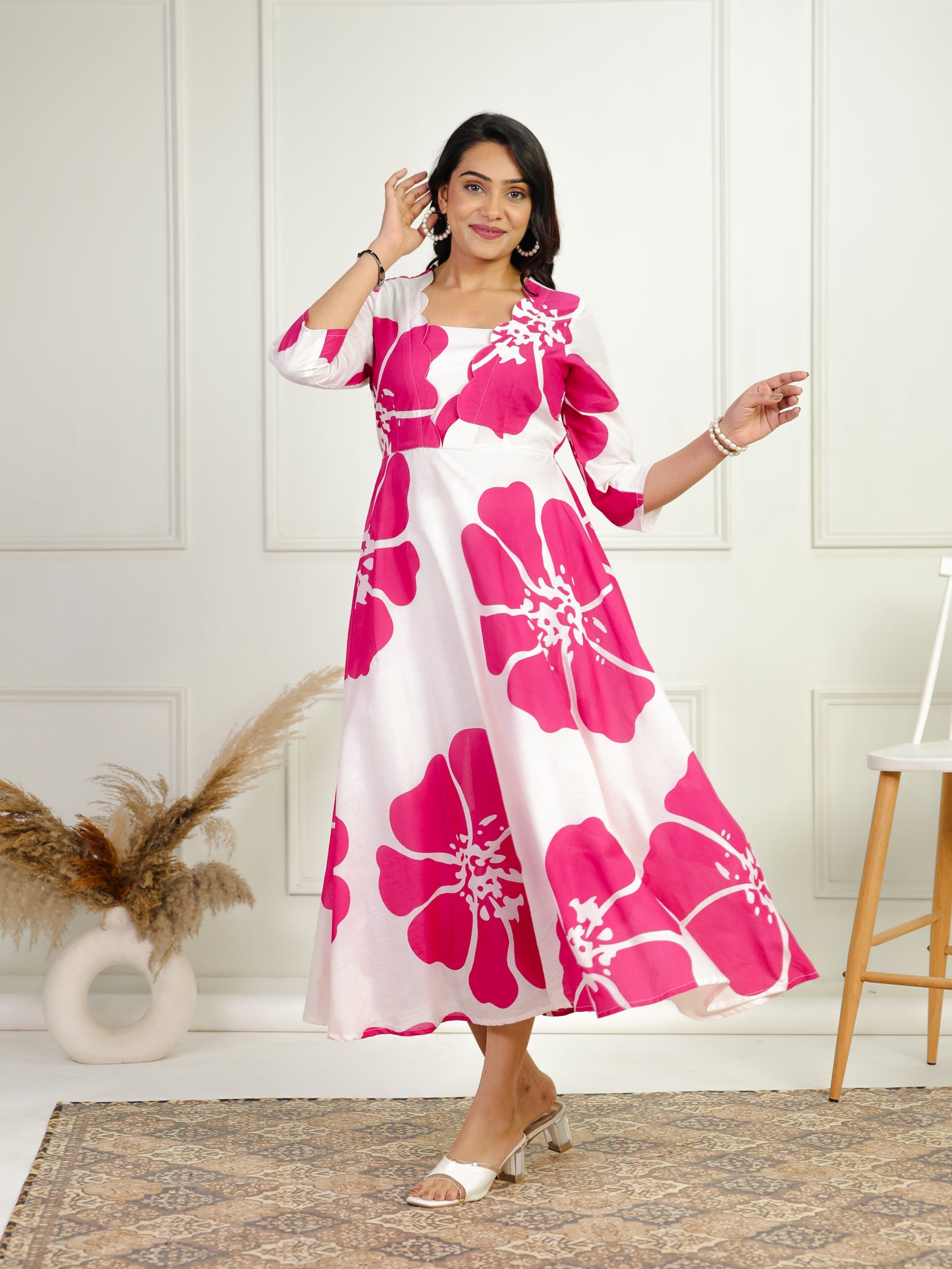 Soft Cotton Floral Flared White Dress