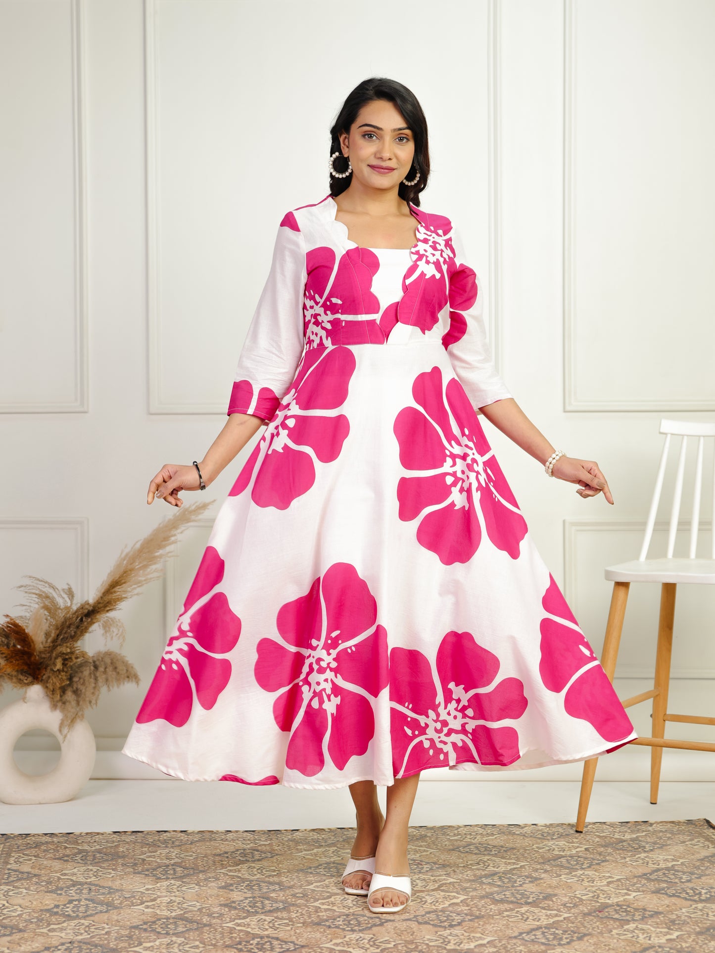 Soft Cotton Floral Flared White Dress