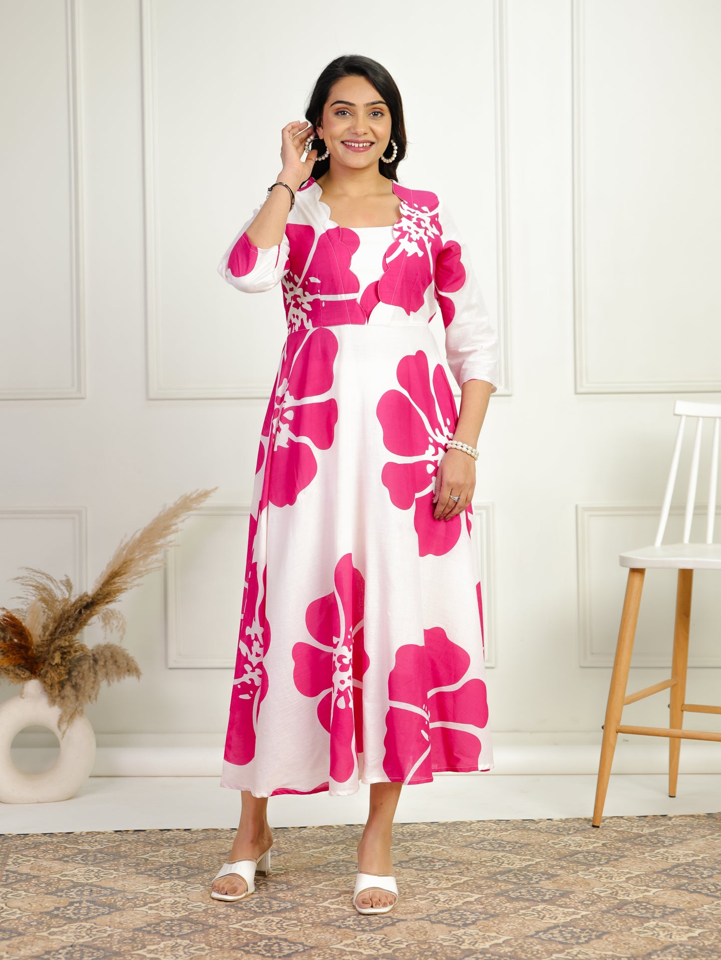 Soft Cotton Floral Flared White Dress