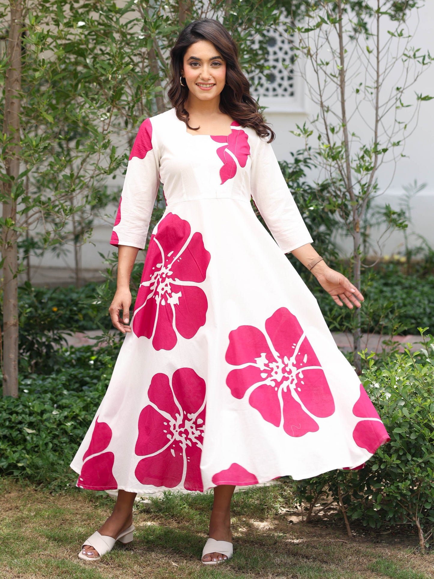 Soft Cotton Floral Flared White Dress