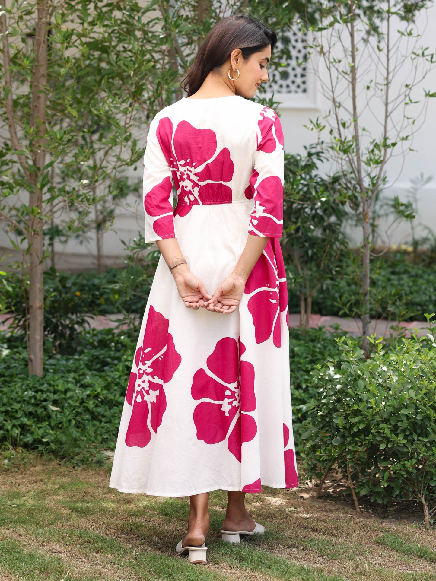 Soft Cotton Floral Flared White Dress
