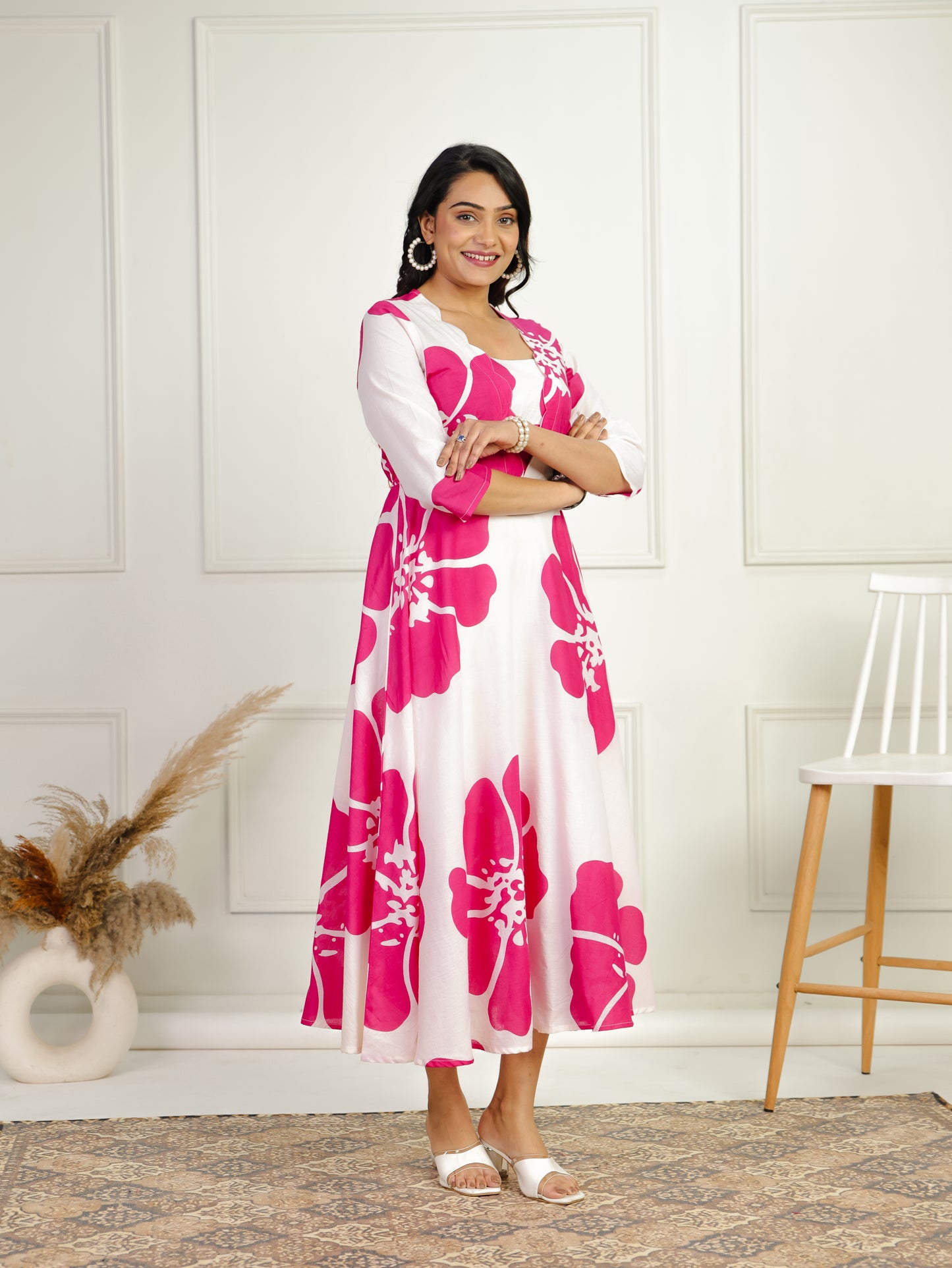 Soft Cotton Floral Flared White Dress