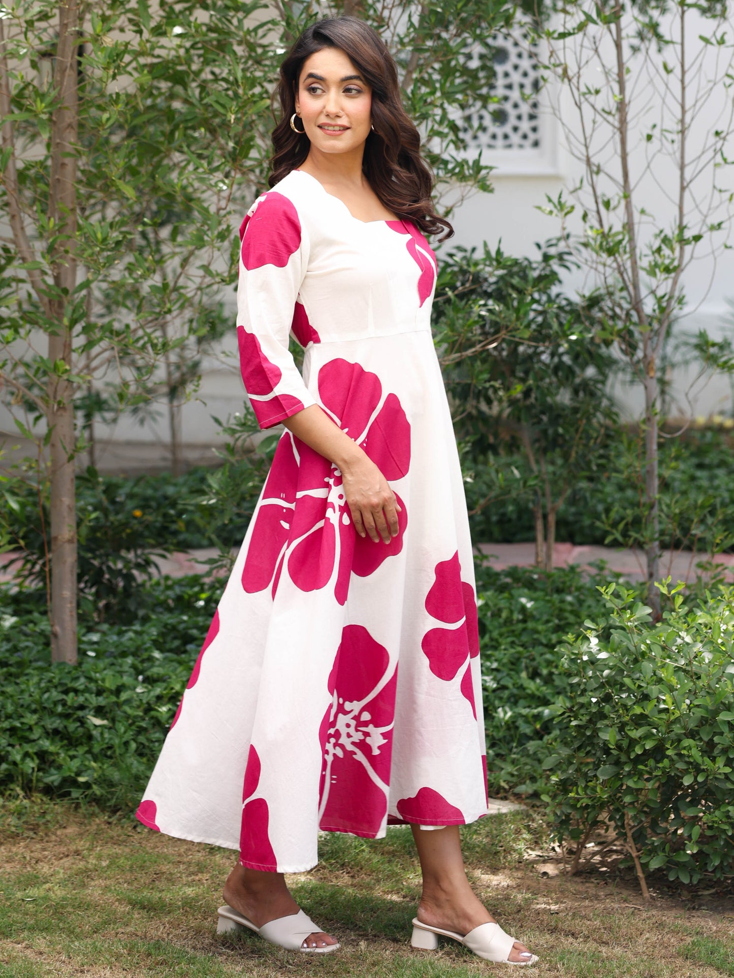 Soft Cotton Floral Flared White Dress