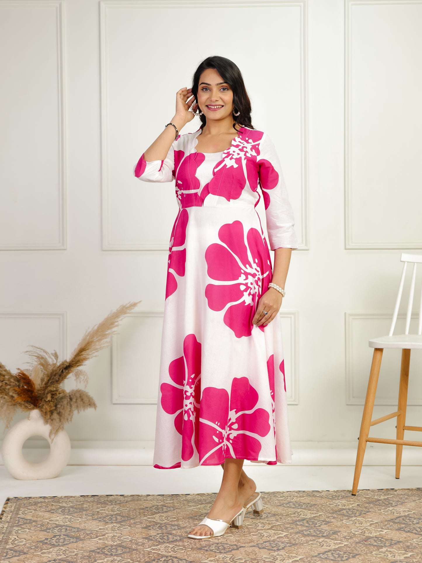 Soft Cotton Floral Flared White Dress