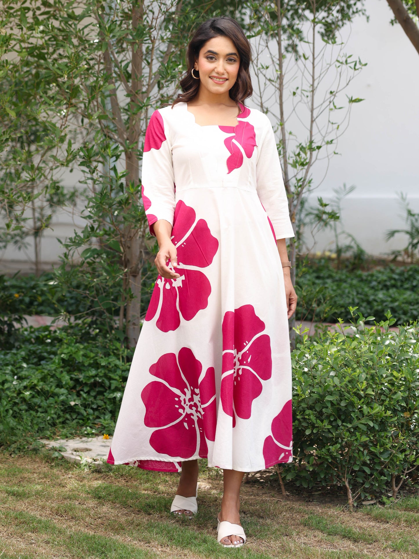 Soft Cotton Floral Flared White Dress