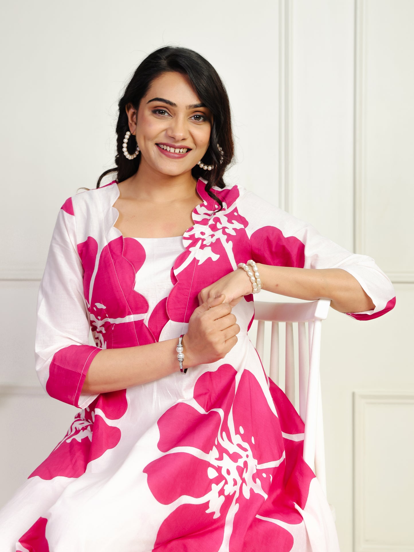 Soft Cotton Floral Flared White Dress