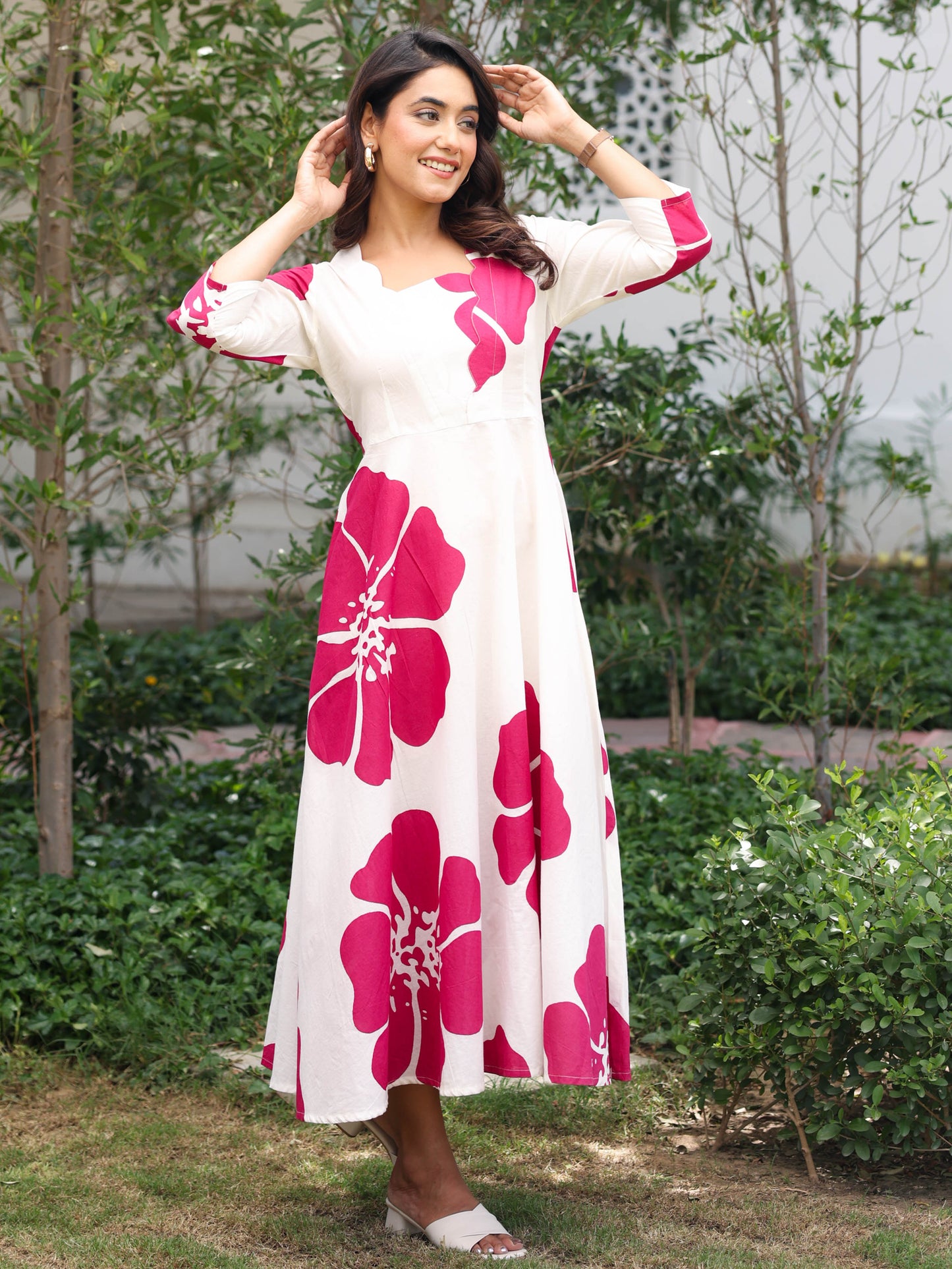 Soft Cotton Floral Flared White Dress