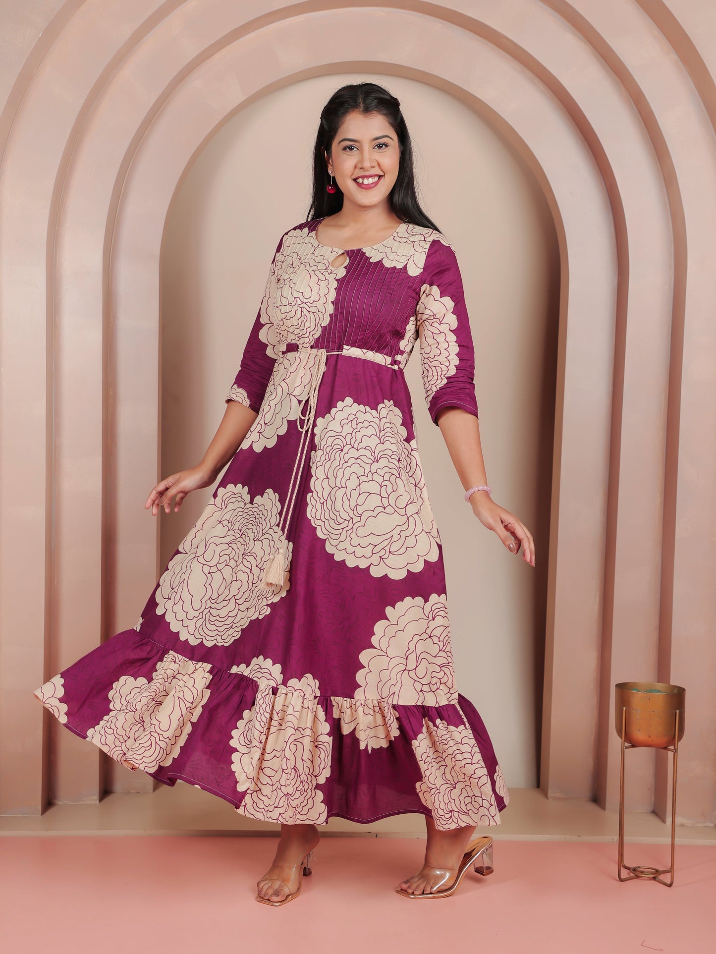 Soft Cotton Floral Tiered Purple Dress (With Belt)
