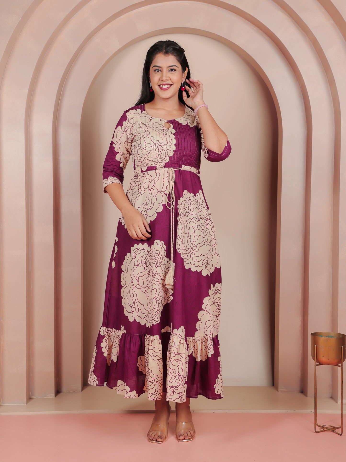 Soft Cotton Floral Tiered Purple Dress (With Belt)