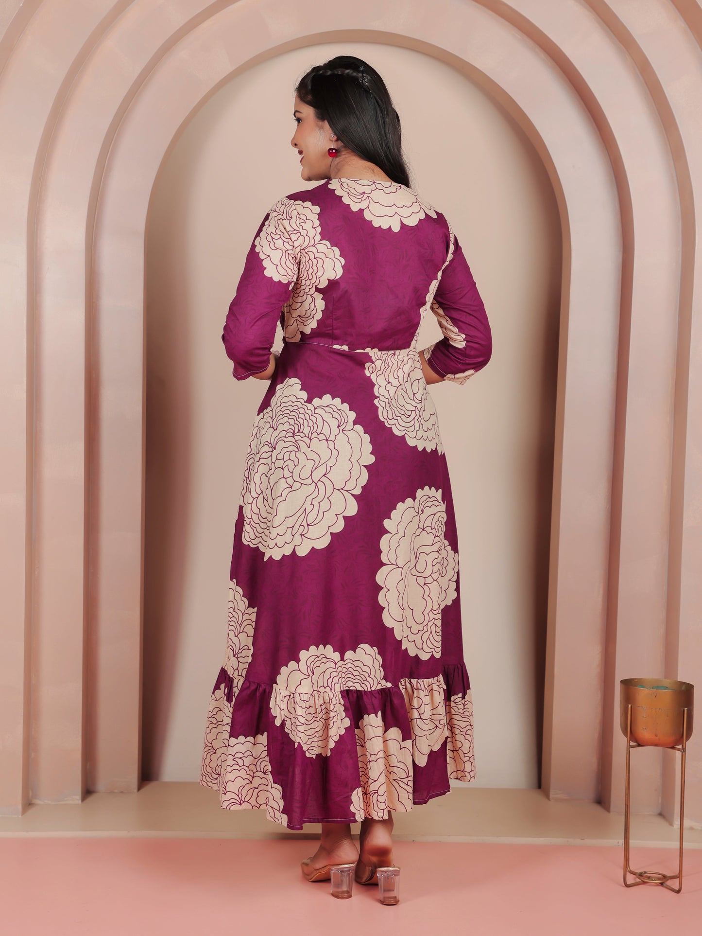 Soft Cotton Floral Tiered Purple Dress (With Belt)
