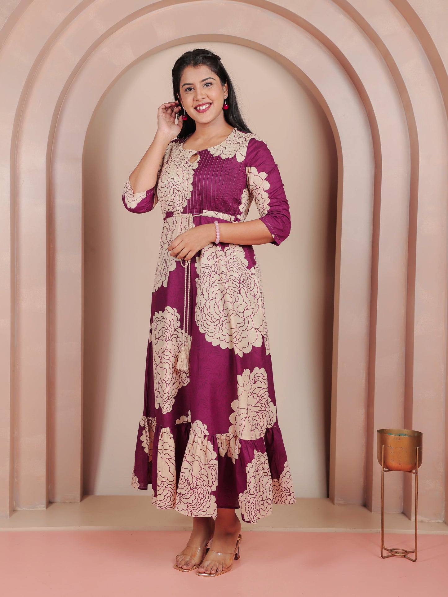 Soft Cotton Floral Tiered Purple Dress
