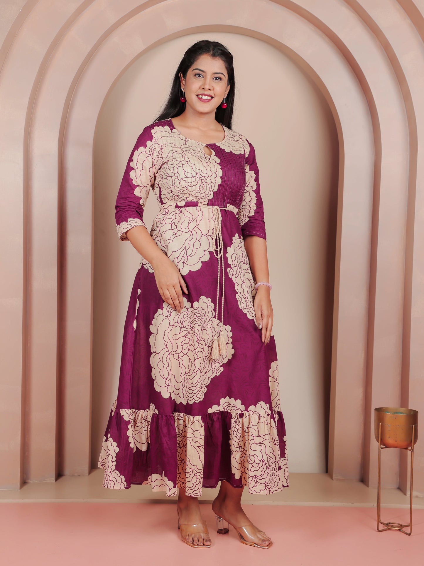 Soft Cotton Floral Tiered Purple Dress (With Belt)