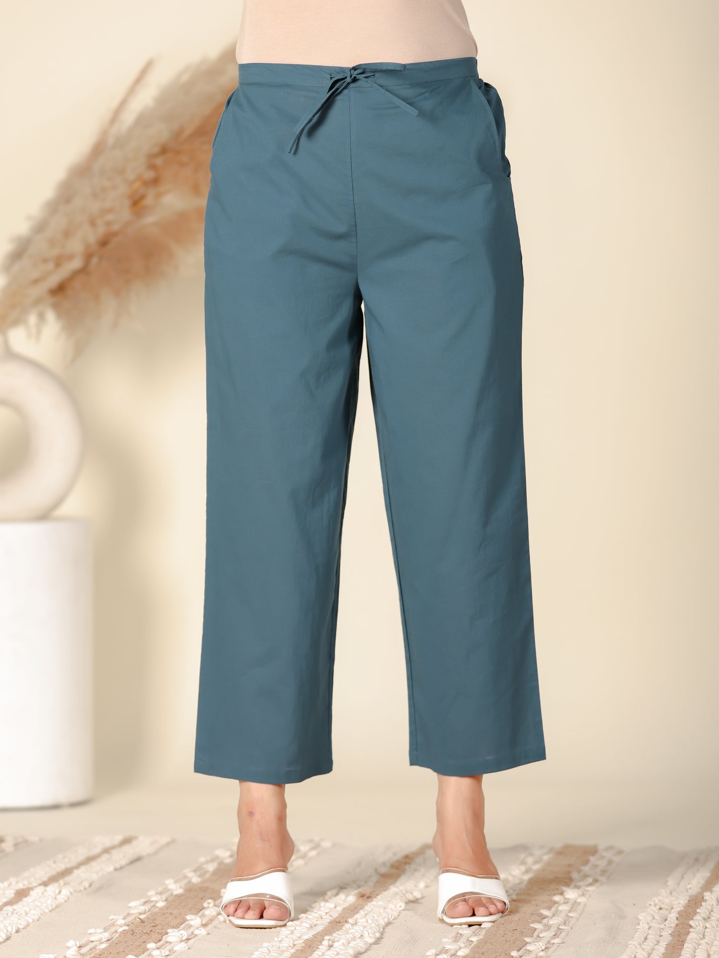 Soft Cotton Solid Teal Straight Trousers