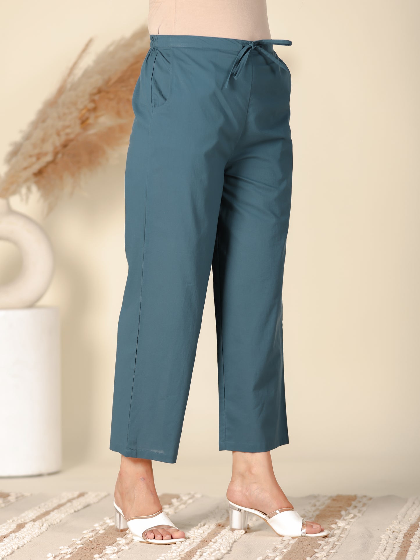 Soft Cotton Solid Teal Straight Trousers