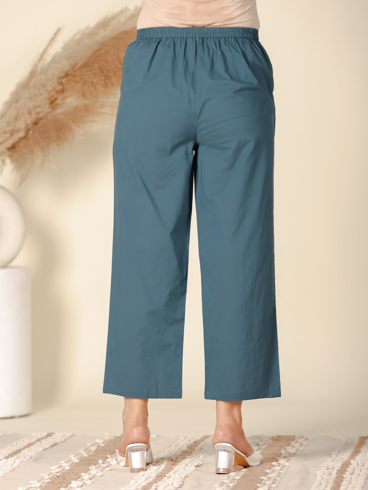Soft Cotton Solid Teal Straight Trousers
