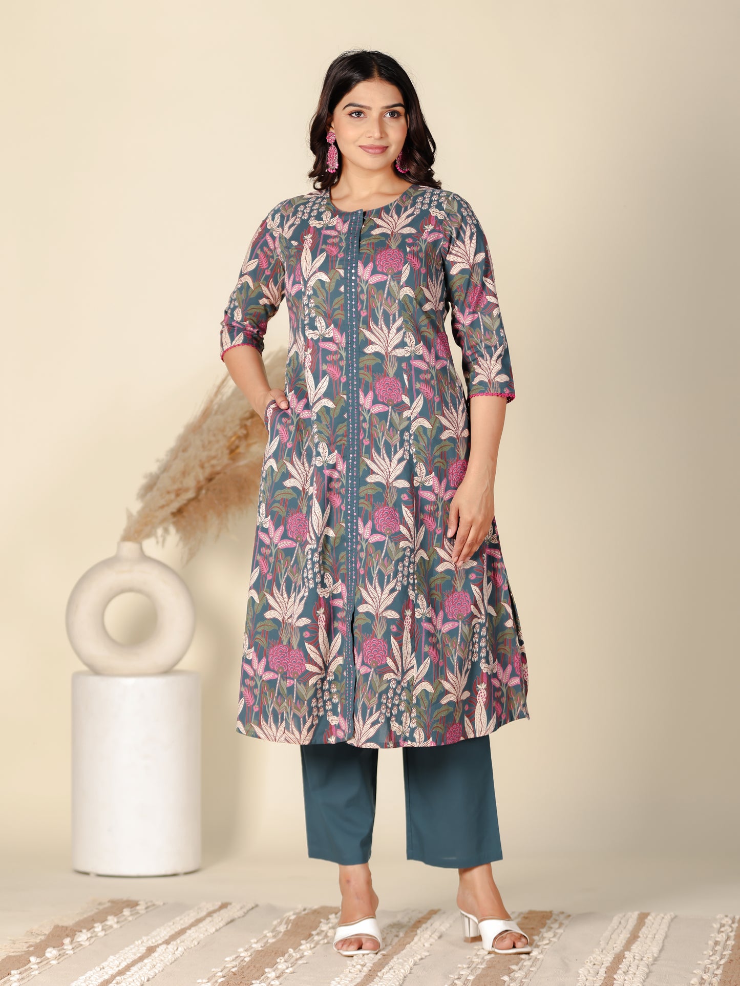 Embroidered Soft Cotton Foliage A-line Teal Kurta