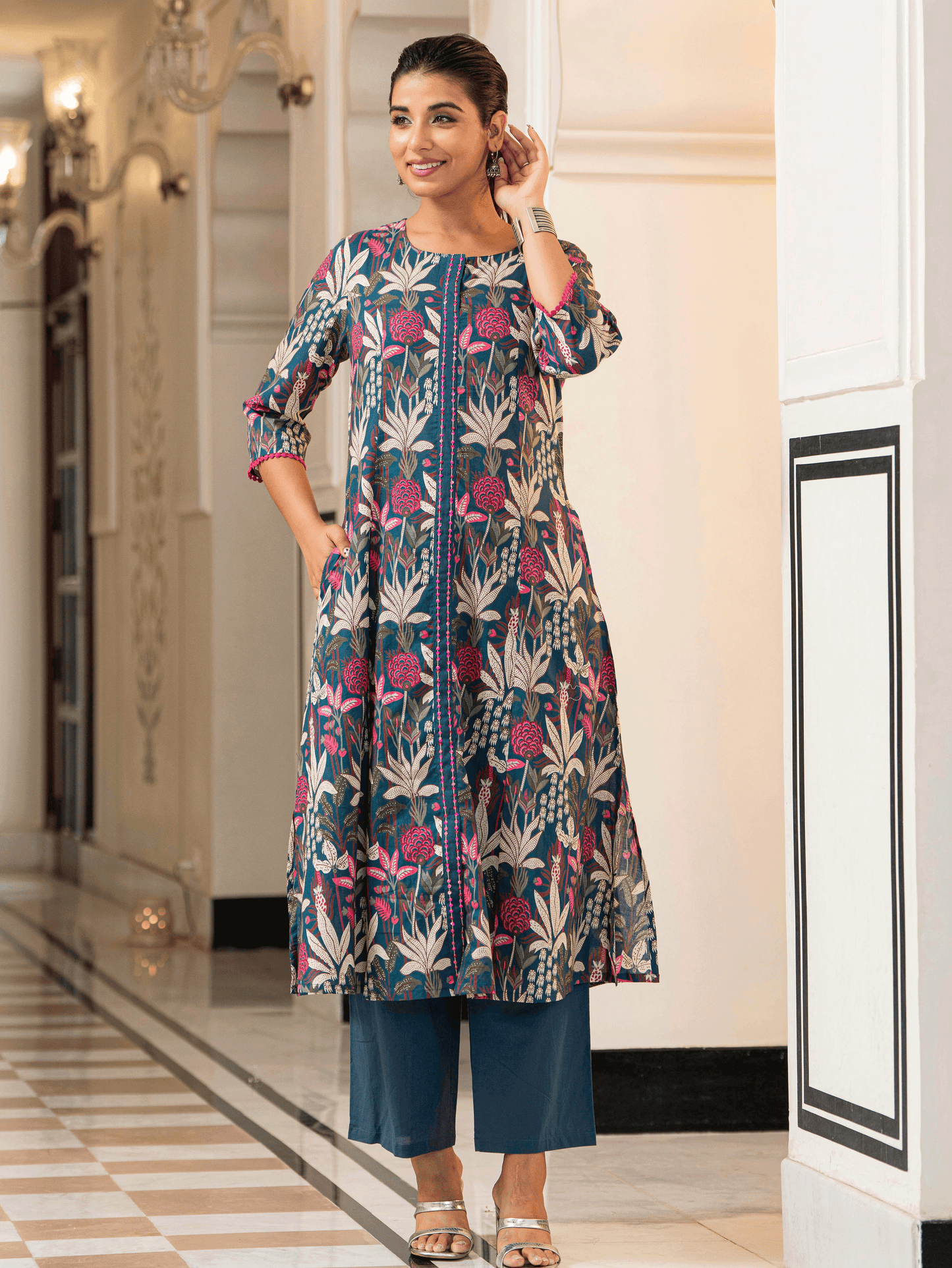 Embroidered Soft Cotton Foliage A-line Teal Kurta