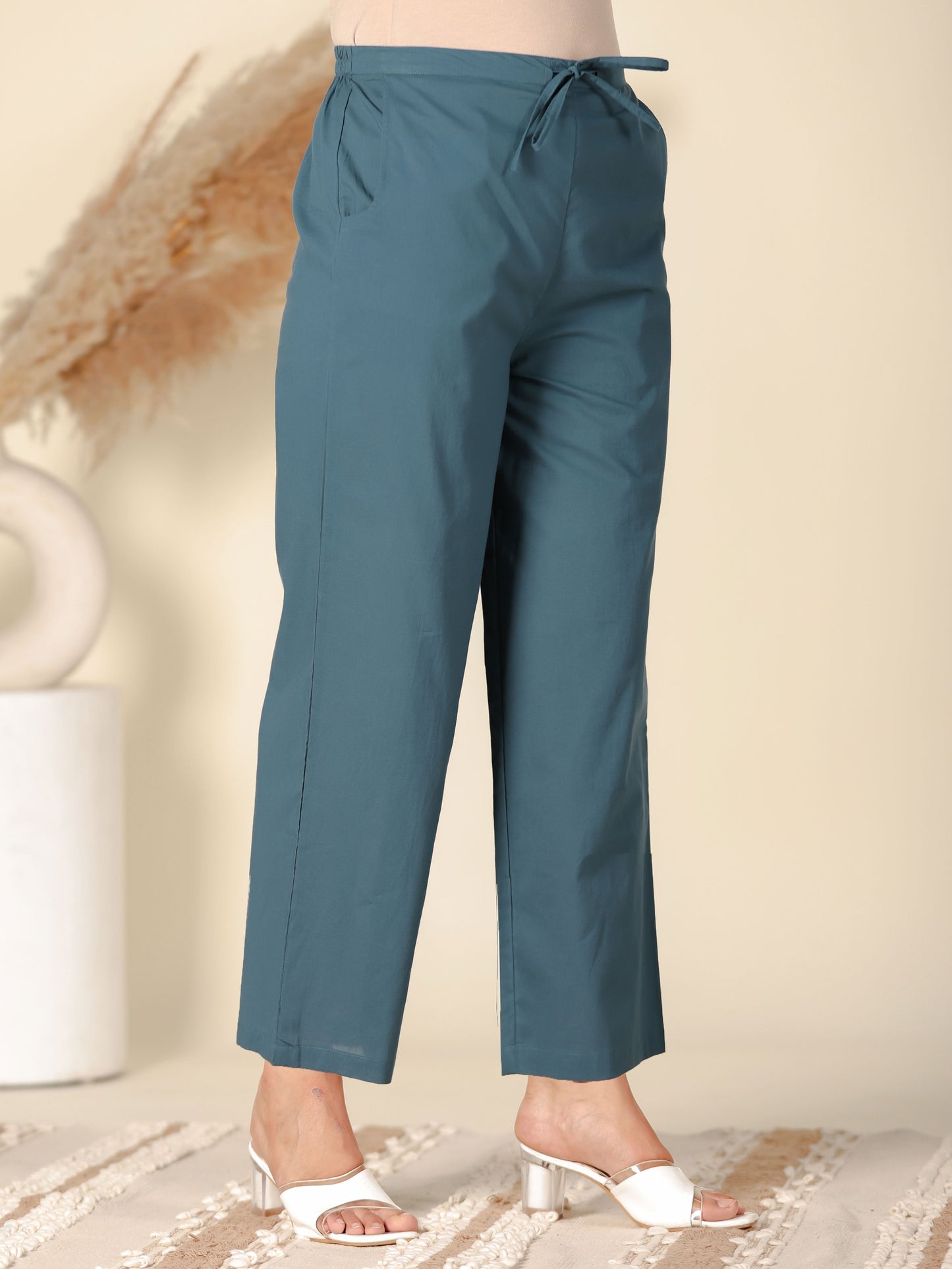 Soft Cotton Solid Teal Straight Trousers