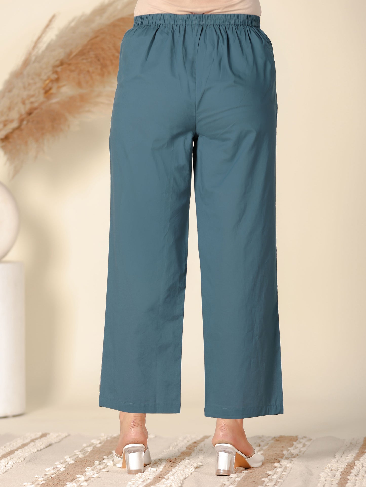 Soft Cotton Solid Teal Straight Trousers