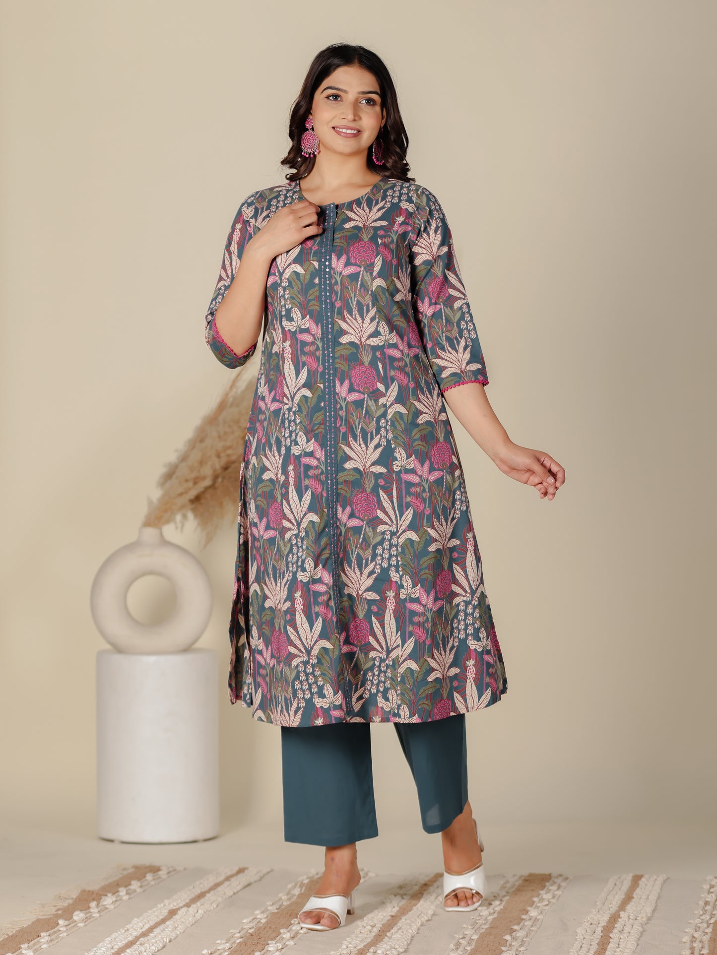 Embroidered Soft Cotton Foliage A-line Teal Kurta