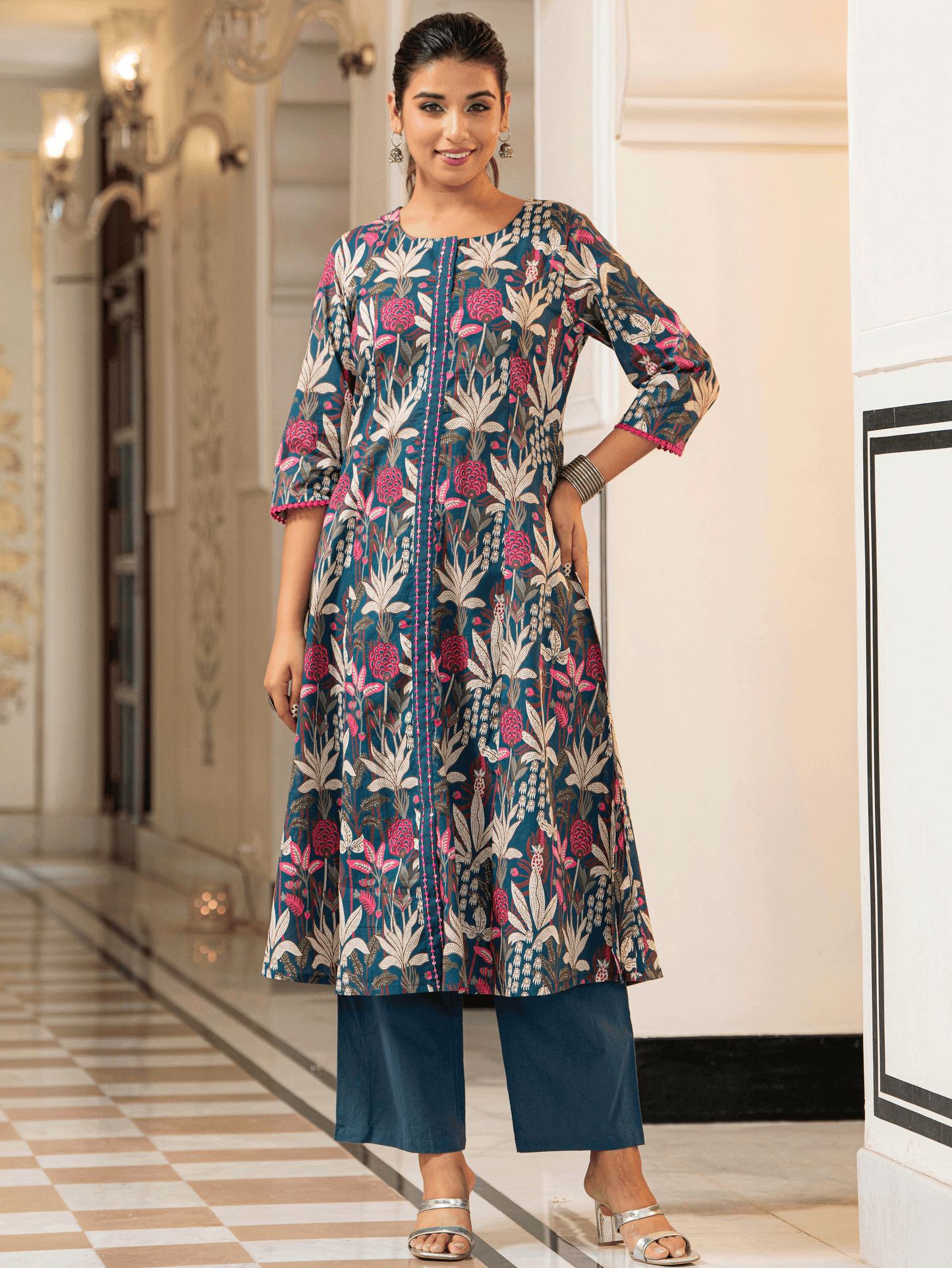 Embroidered Soft Cotton Foliage A-line Teal Kurta