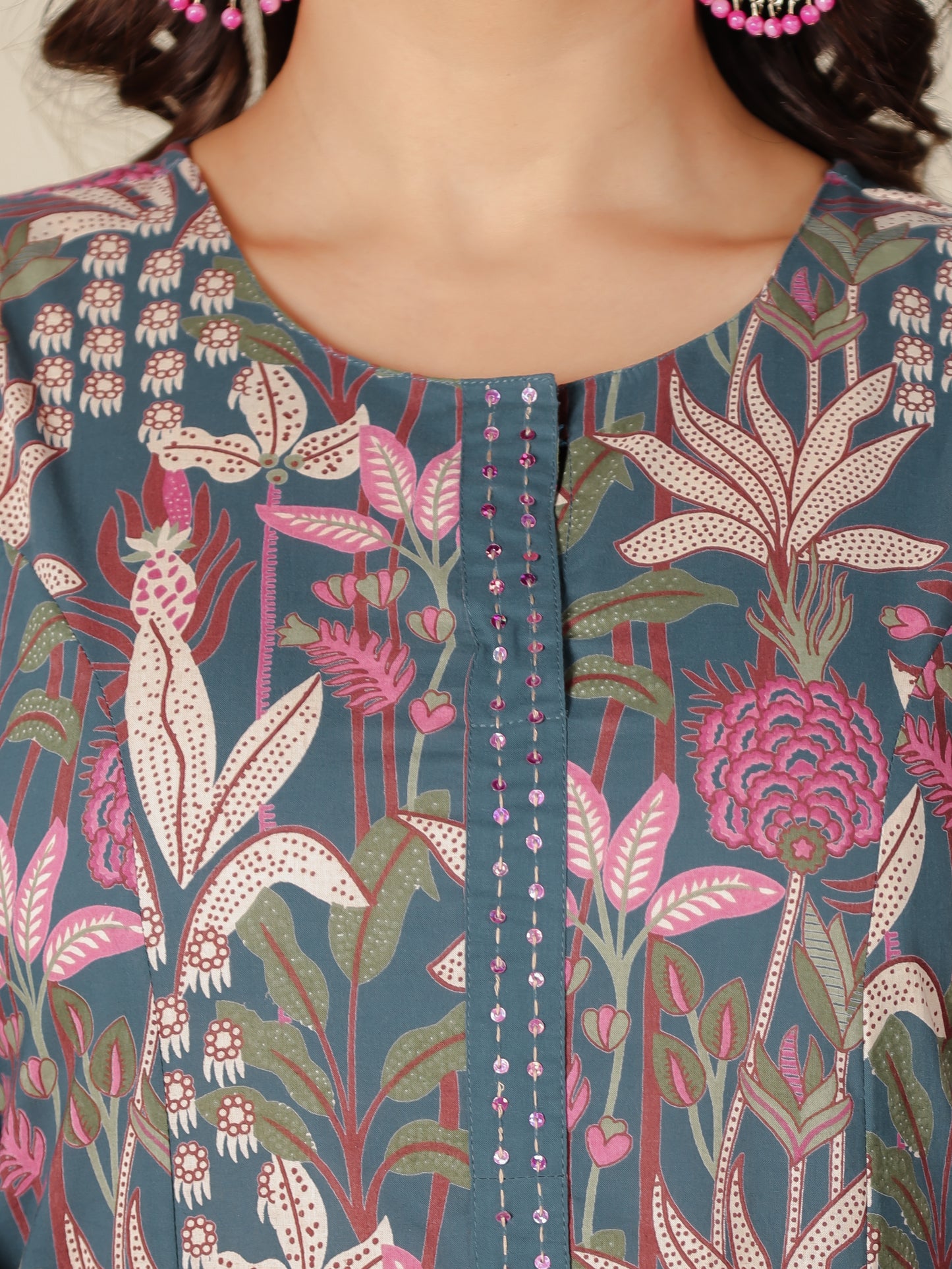 Embroidered Soft Cotton Foliage A-line Teal Kurta