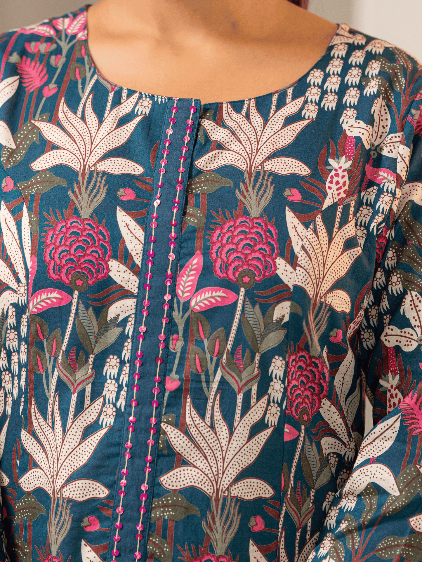 Embroidered Soft Cotton Foliage A-line Teal Kurta