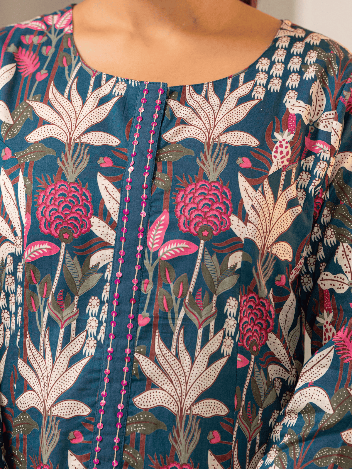 Embroidered Soft Cotton Foliage A-line Teal Kurta