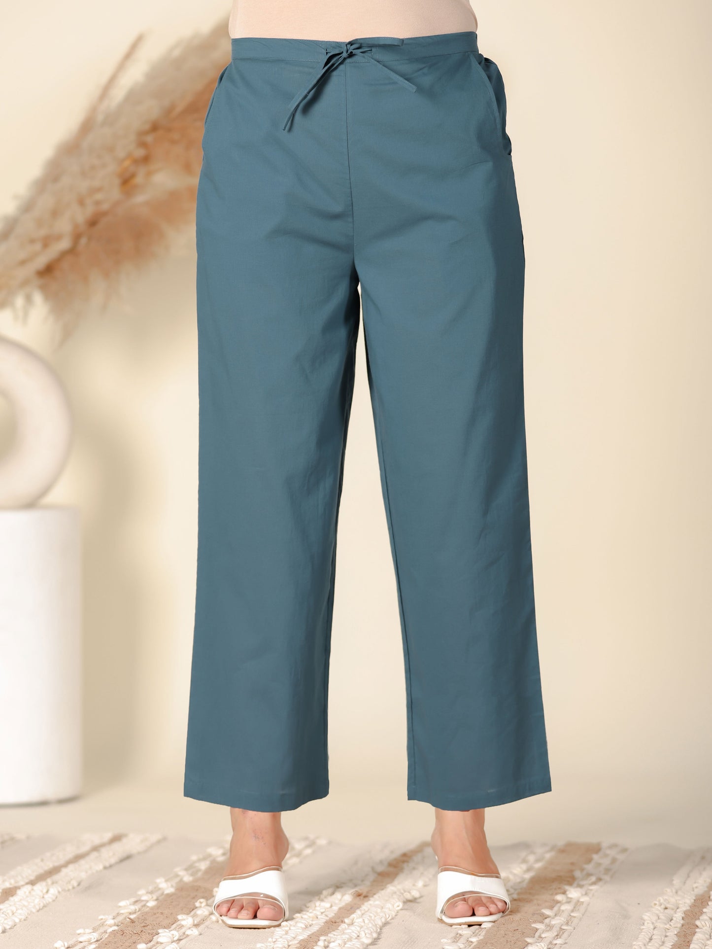 Soft Cotton Solid Teal Straight Trousers