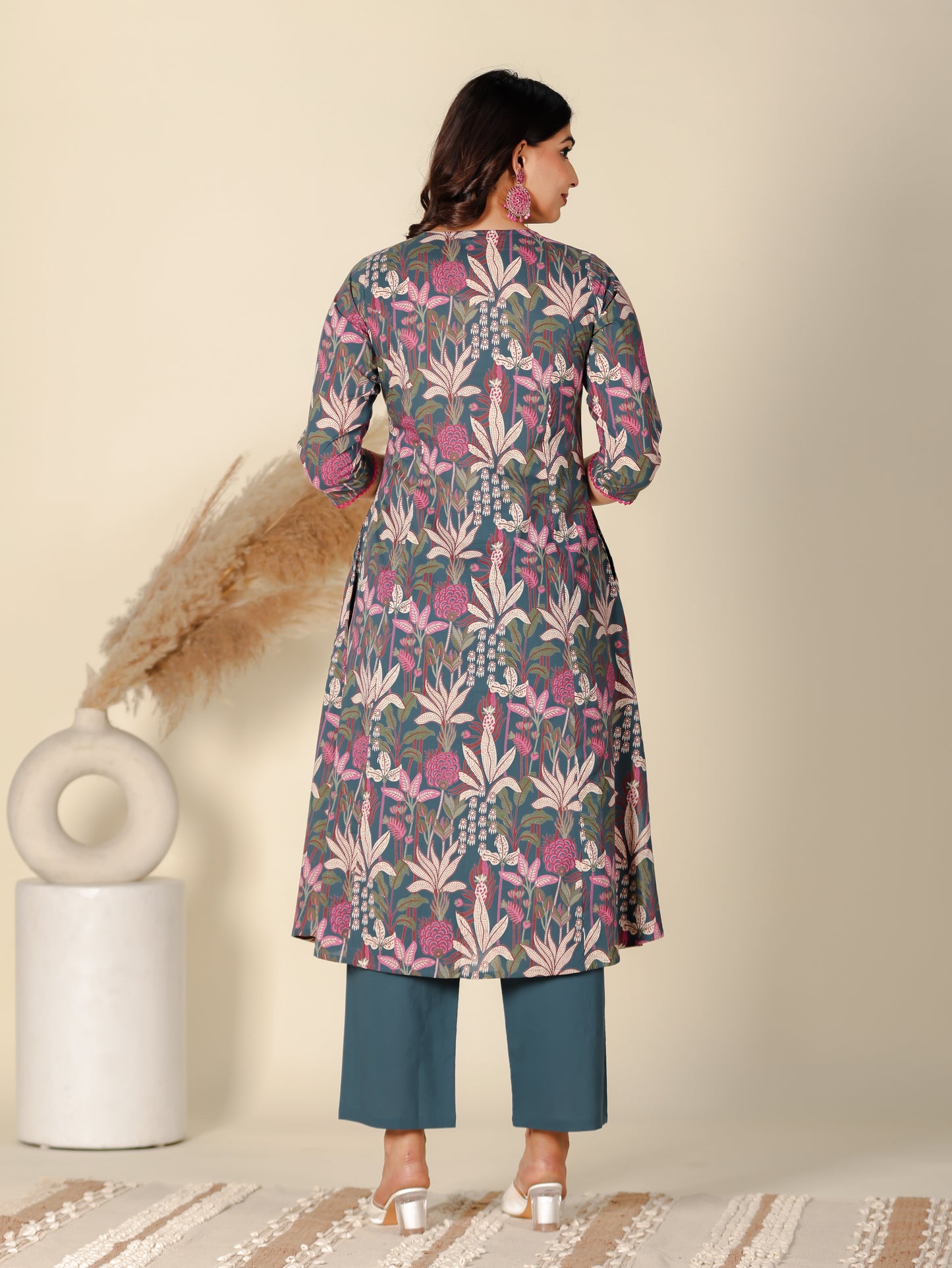 Embroidered Soft Cotton Foliage A-line Teal Kurta
