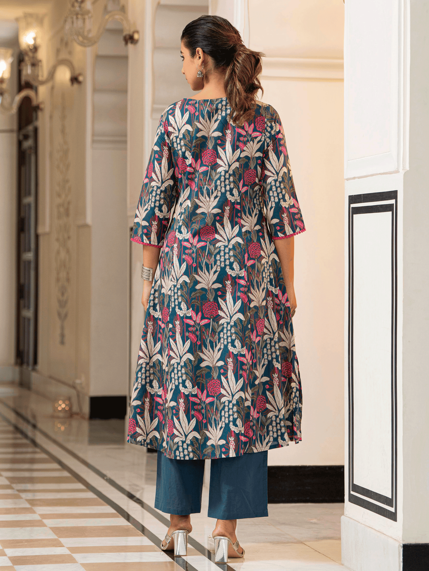 Embroidered Soft Cotton Foliage A-line Teal Kurta