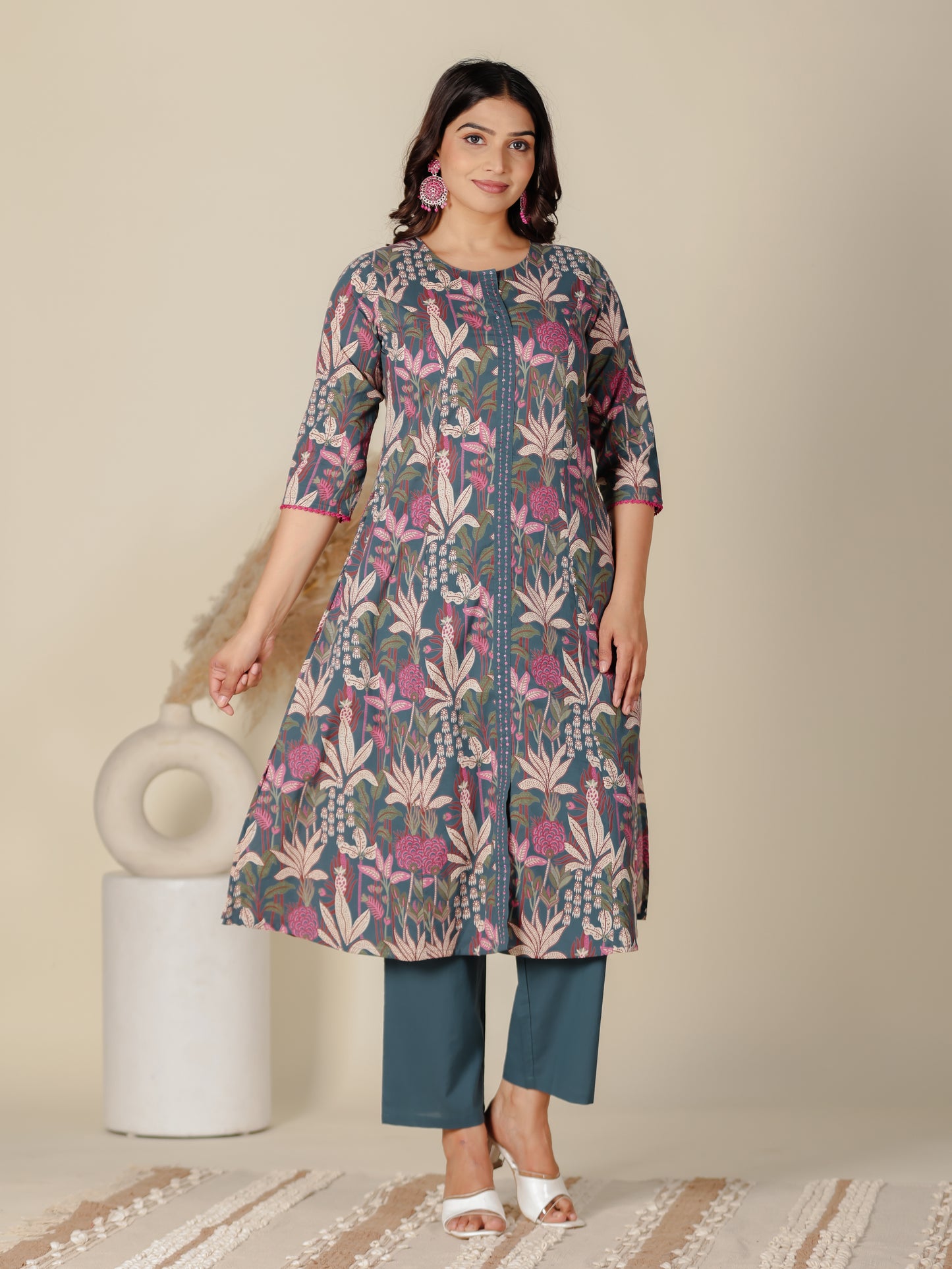 Embroidered Soft Cotton Foliage A-line Teal Kurta