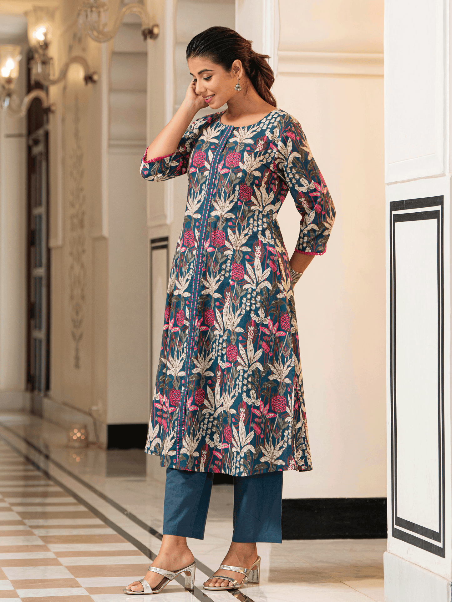 Embroidered Soft Cotton Foliage A-line Teal Kurta