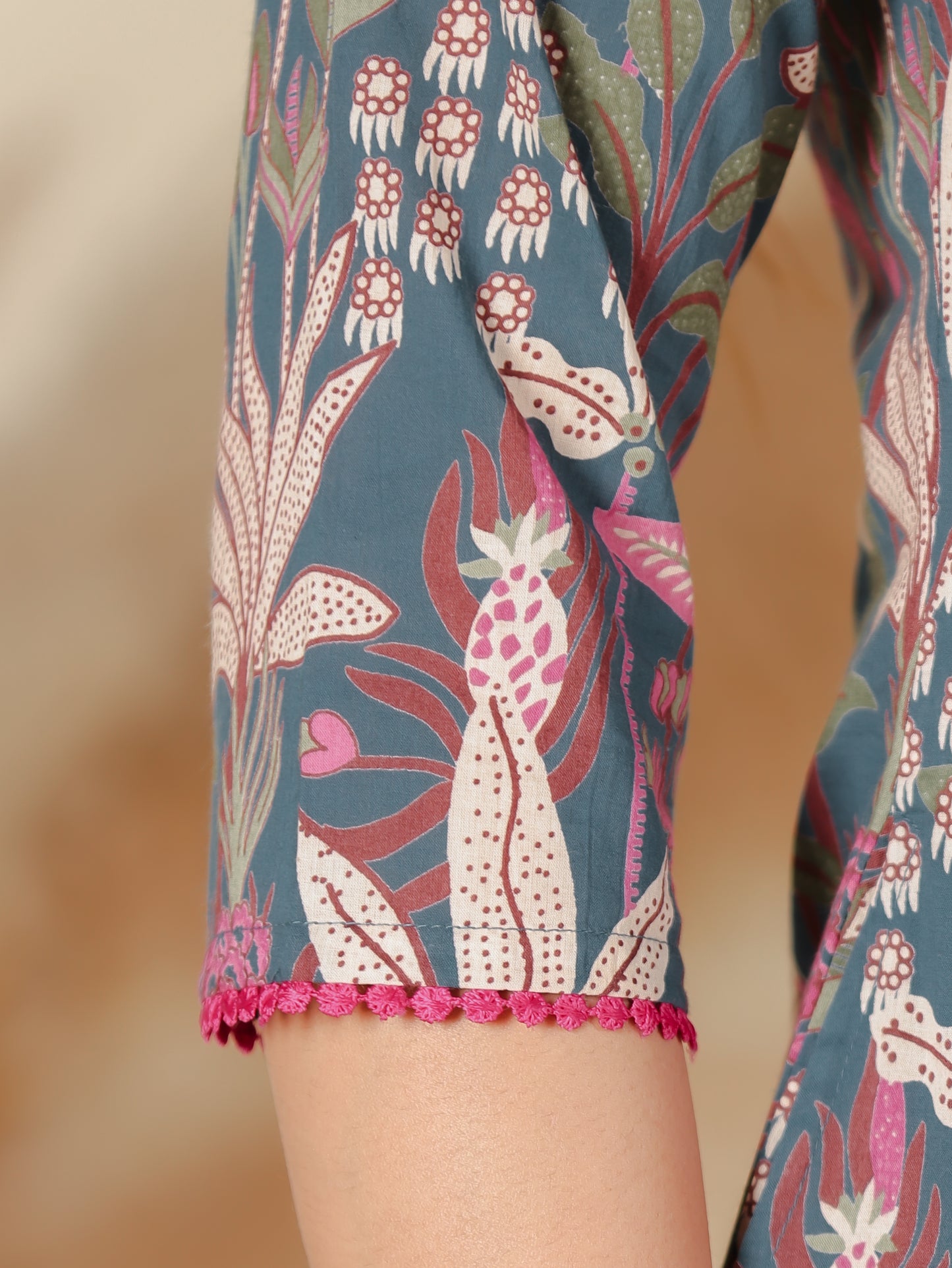 Embroidered Soft Cotton Foliage A-line Teal Kurta