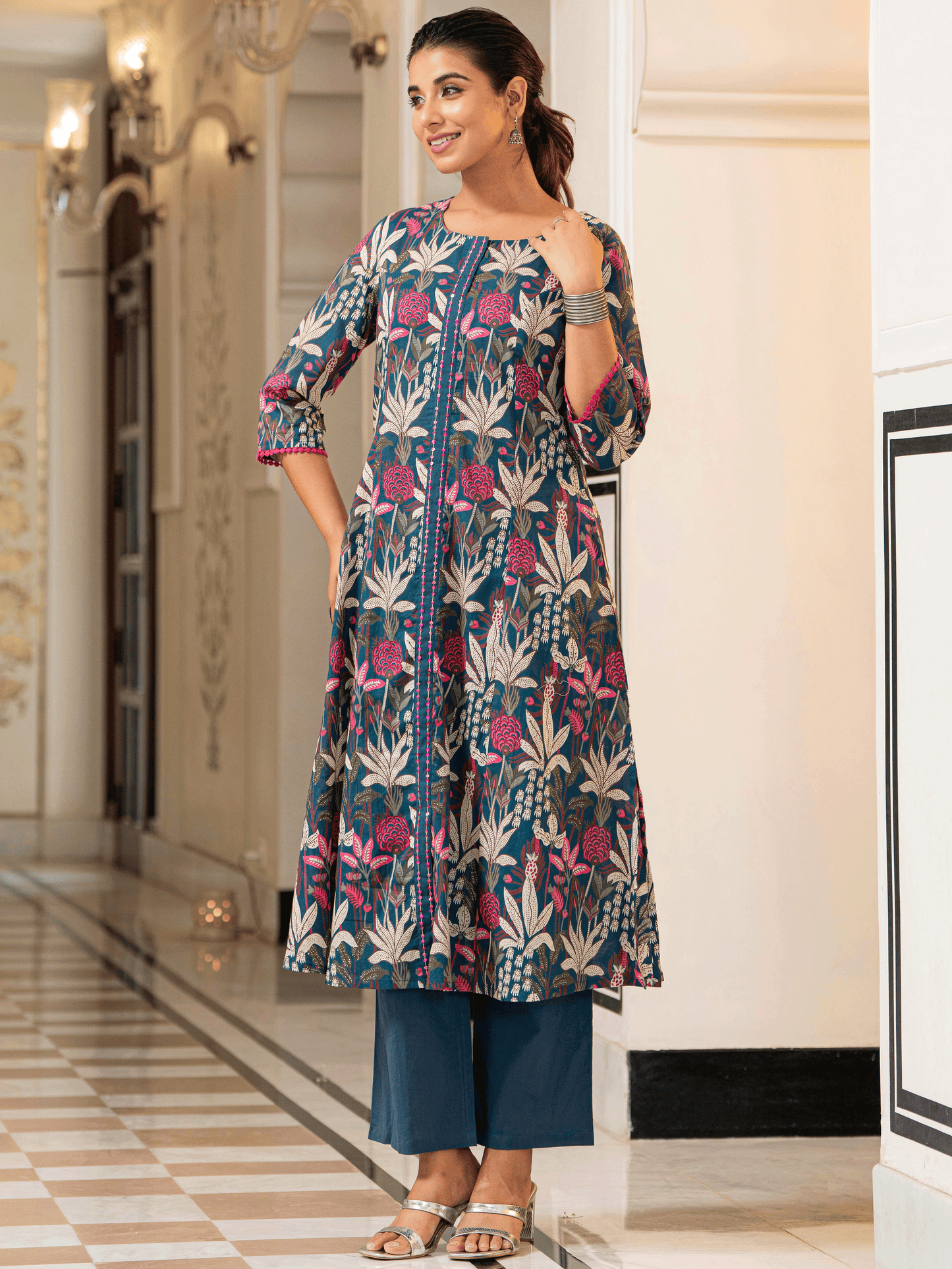Embroidered Soft Cotton Foliage A-line Teal Kurta